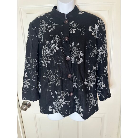 Black Floral Embroidered Linen Blend Button-Up Jacket 16P Boho Officecore - Picture 4 of 5